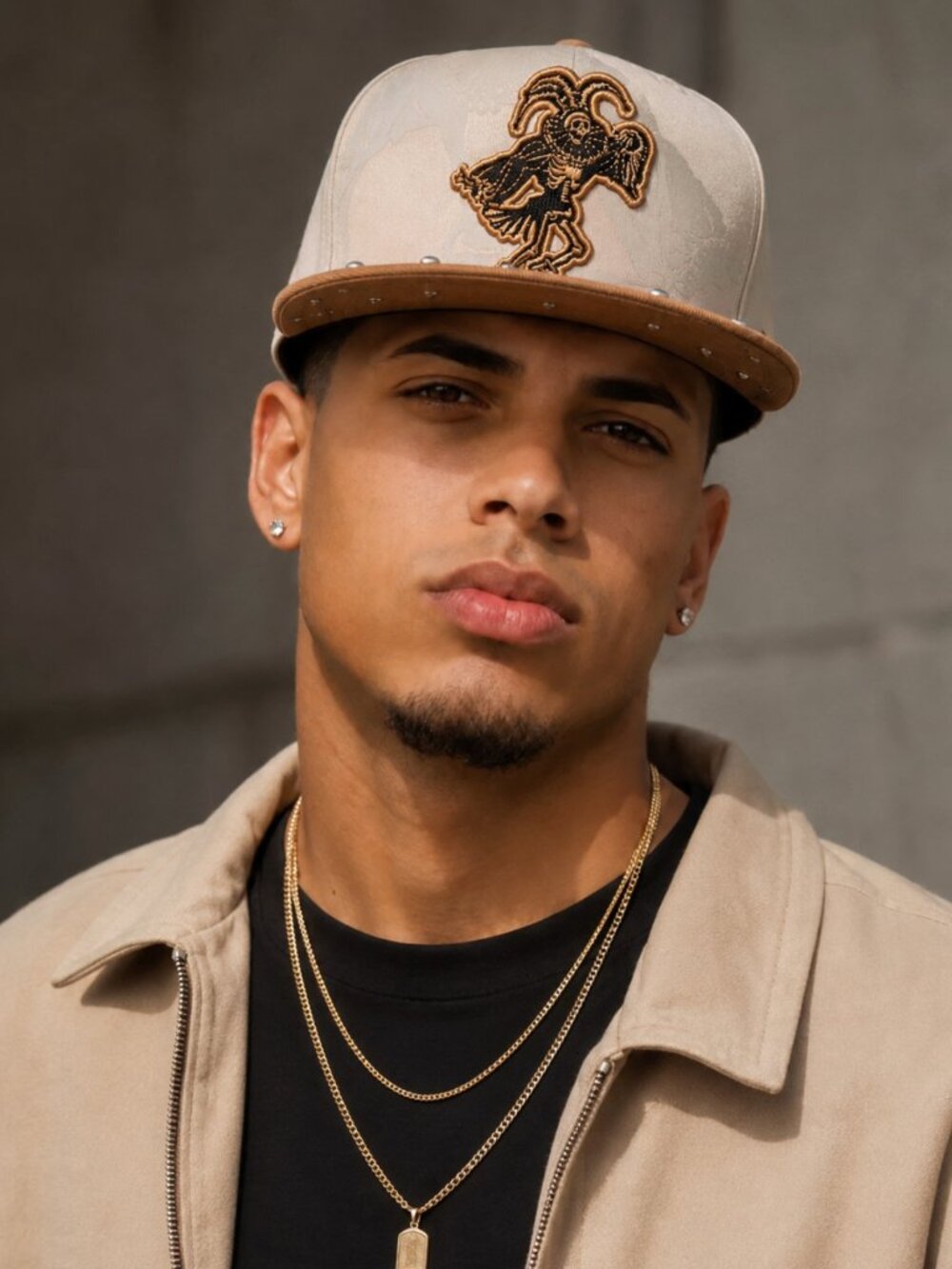 NWT Top Level Beige Brown Skeleton Jester Studded Snapback Hat Streetwear OS